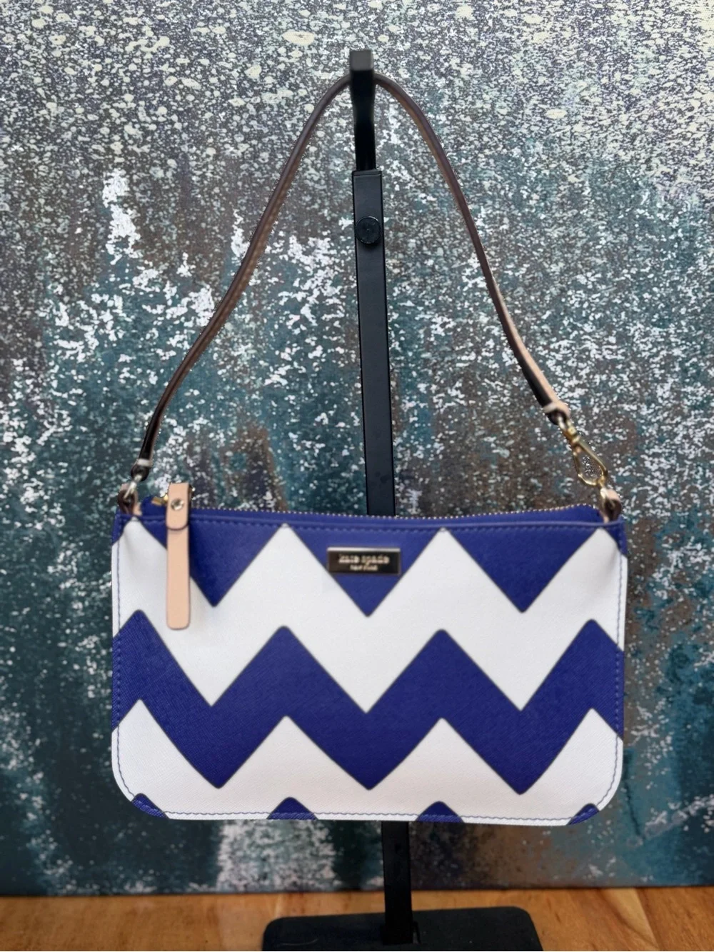 Kate Spade Nautical Coastal Preppy Chevron Wristlet Clutch Blue White